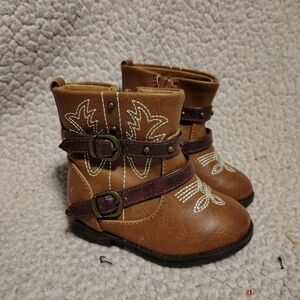 Baby Girl Western Cowgirl Boots Brown Faux Leather Size 3